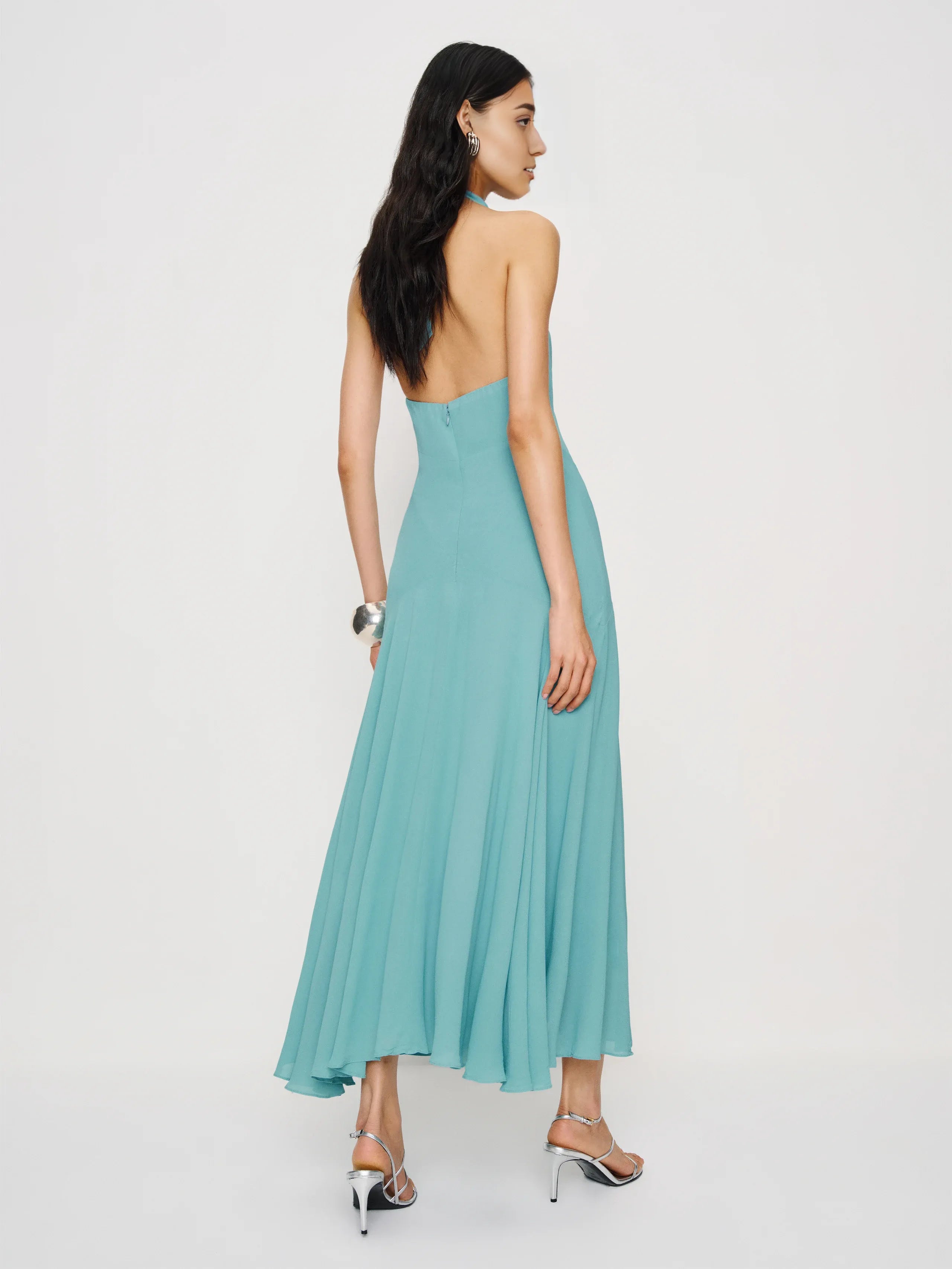 Weitese Dress Elegant Halter V Neck Sleeveless Mermaid Prom Dress Backless Tea-Length Backless Evening Dress